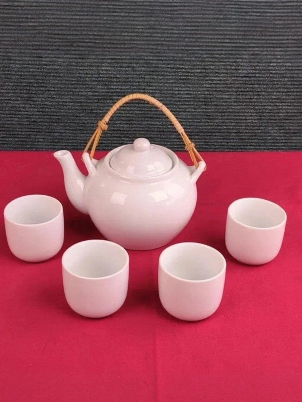 Pier 1 White China Teapot & 4 Cups Japanese Style, For Kitty Rescue!